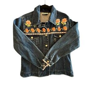 Bill Blass VTG Womens Sz Med Embellished Roses Denim Jean Jacket